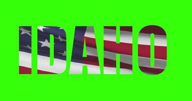 Idaho state name on green screen animation. USA state flag waving video