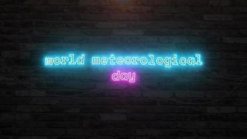 World meteorological day with neon text animation effect in wall background. Seamless loop video