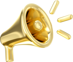 3d gold megaphone speaker icon. Loudspeaker gold color. Speaking trumpet. 3d rendering png