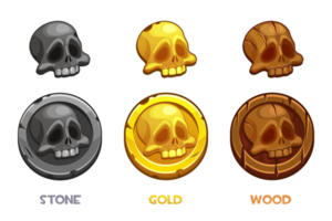 Pirate black mark, gold, wooden, stone coins with a skull. png