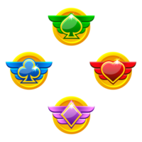 Set of colored award badges for casino and 2D game. Heart, spade, club and diamond png