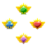 Set of colored award badges for casino and 2D game. Heart, spade, club and diamond. png