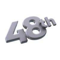 Number 48th 3D rendering with Silver color png