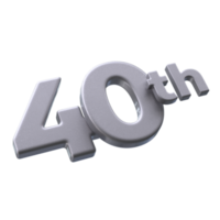 Number 40th 3D rendering with Silver color png