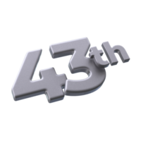 Number 43th 3D rendering with Silver color png