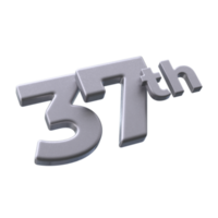 Number 37th 3D rendering with Silver color png