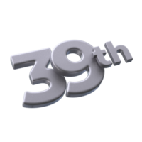 Number 39th 3D rendering with Silver color png