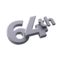 Number 64th 3D rendering with Silver color png