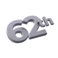 Number 62th 3D rendering with Silver color png