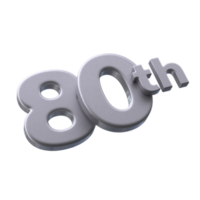 Number 80th 3D Render with Silver color png