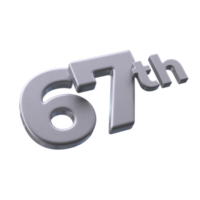 Number 67th 3D Render with Silver color png