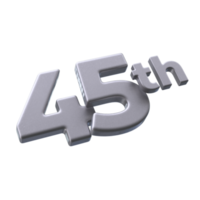 Number 45th 3D rendering with Silver color png