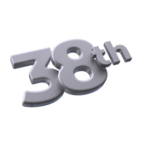 Number 38th 3D rendering with Silver color png