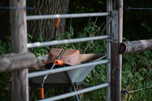 Collector for road apple on a wheelbarrow behind a gate photo