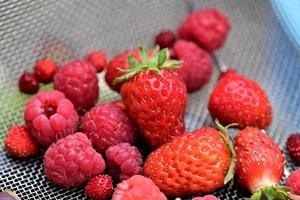 Freh strawberries and raspberries as a close up photo