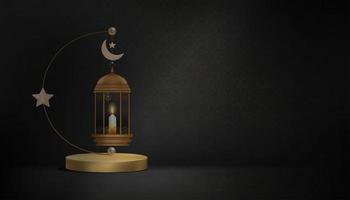 Islamic Podium with 3d Traditional islamic lantern with Crescent moon on black background, Backdrop for Muslims religion of the month,Eid al fitr, Ramadan Kareem,Eid al Adha,Eid Mubarak photo