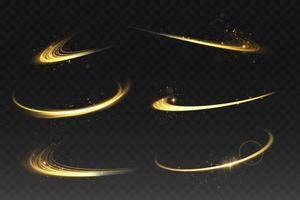 Abstract light lines of motion and speed in golden color. Light everyday glowing effect. semicircular wave, light trail curve swirl, car headlights, incandescent optical fiber vector