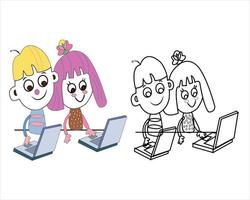 Vector man and woman working on computer flat style cartoon illustration art