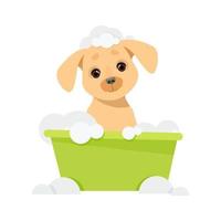 Cute dog sits in a bowl of soap bubbles vector