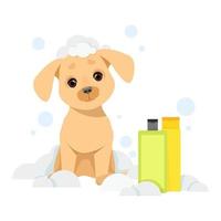 The dog sits in a soapy suds and jars of shampoo next vector