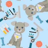 Seamless veterinary pattern with a dog, a microscope and bones on a blue background vector