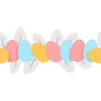 Seamless Easter border made of colorful eggs and leaves vector