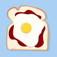 Square toast bread with ketchup and fried egg on blue background vector