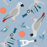 Seamless veterinary pattern with a parrot and a microscope on a blue background vector