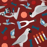 Veterinary medical pattern with a parrot, whips and test tubes on a red background vector