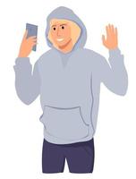 Smiling guy waving hand in greeting for portrait in smartphone camera. Man taking self photo. Mobile phone photography isolated cartoon vector