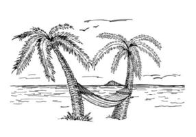 Hammock between palm trees. Sketch. Hand draw Summer beach vacation design elements. Concept of summer holidays, rest. vector