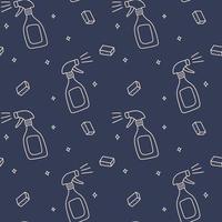 Seamless pattern of a bottle with detergent and a sponge for washing dishes on a dark blue background. vector