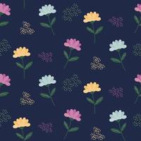 Seamless pattern with multicolored flowers and dots on a dark blue background. vector
