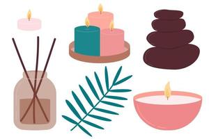 Glass bottles with incense sticks, candles and stones for spa and wellness salon. vector