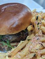 delicious gourmet bison burger with fries photo