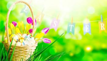 Beautiful Easter background with colorful Easter eggs photo