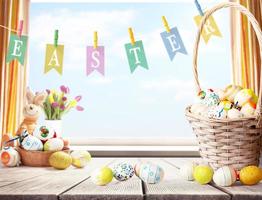 Easter background with colorful easter eggs on wooden background. photo