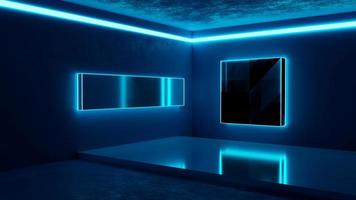 3d rendering cyber lab tunnel neon blue lights sci fi futuristic cement visualization concrete photo