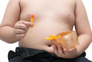 French fries in fat boy hand isolated photo
