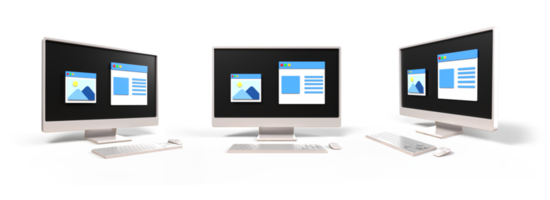 3d computadora configuración, teclado, ratón con monitor pantalla galeria pgoto y artículo, blogueando png