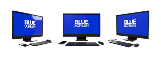 3D computer setup, keyboard, mouse with monitor screen blue screen png