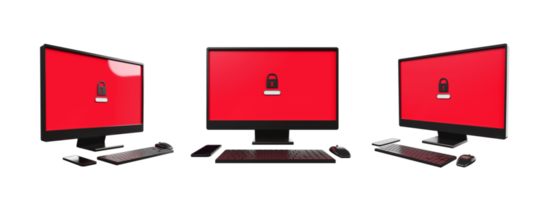 3D computer setup, keyboard, mouse with monitor screen lock red color png