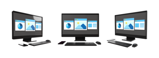 3D computer setup, keyboard, mouse with monitor screen galery, article, pie diagram png