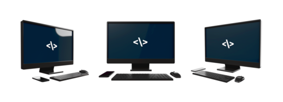 3D computer setup, keyboard, mouse with monitor screen programing, coding png