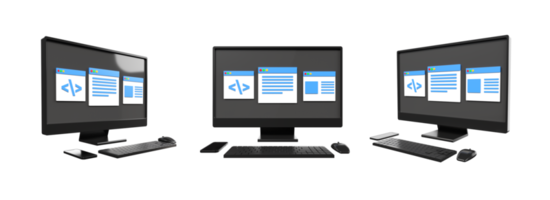 3D computer setup, keyboard, mouse with monitor screen coding, article, report, programing png