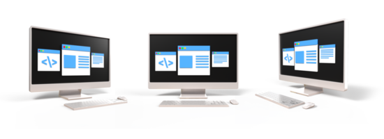 3d computer opstelling, toetsenbord, muis met toezicht houden op scherm codering, artikel, rapport, programmeren png