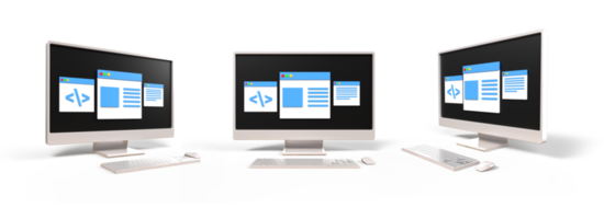 3D computer setup, keyboard, mouse with monitor screen coding, article, report, programing png