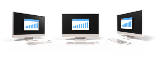 3d computer opstelling, toetsenbord, muis met toezicht houden op scherm grafisch bar, financieel, jaar- rapport, winstgevend png