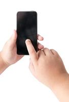 niño mano toque en móvil inteligente teléfono con blanco pantalla. foto