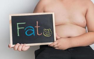 obese fat boy holding blackboard photo